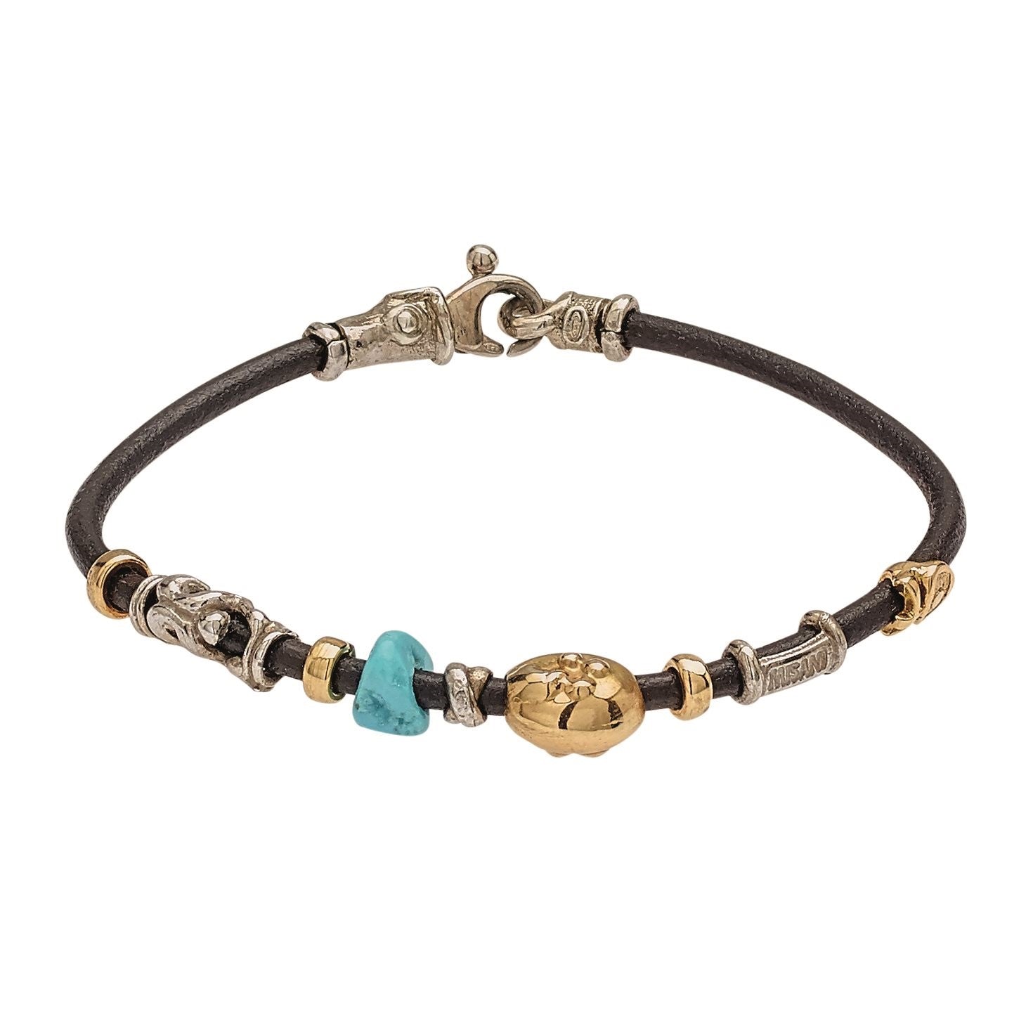 MISANI 3MM LEATHER BRACELET WITH HANDMADE 18K GOLD ELEMENTS, SILVER AND TURQUOISE