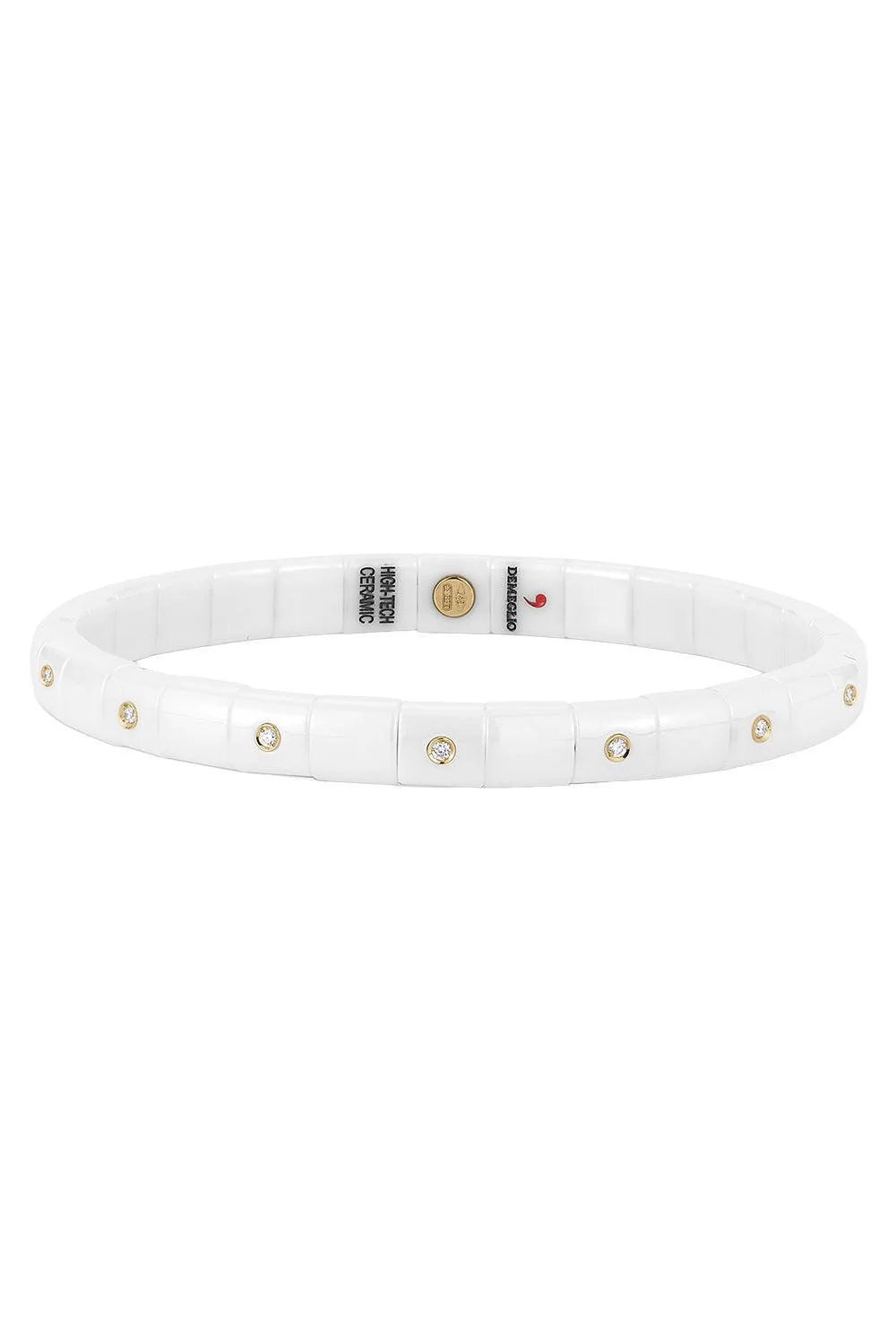 ROBERTO DEMEGLIO PURA WHITE CERAMIC BRACELET HAVING FIVE 18K YELLOW GOLD ALTERNATING DIAMOND BEZELS, 0.06TW