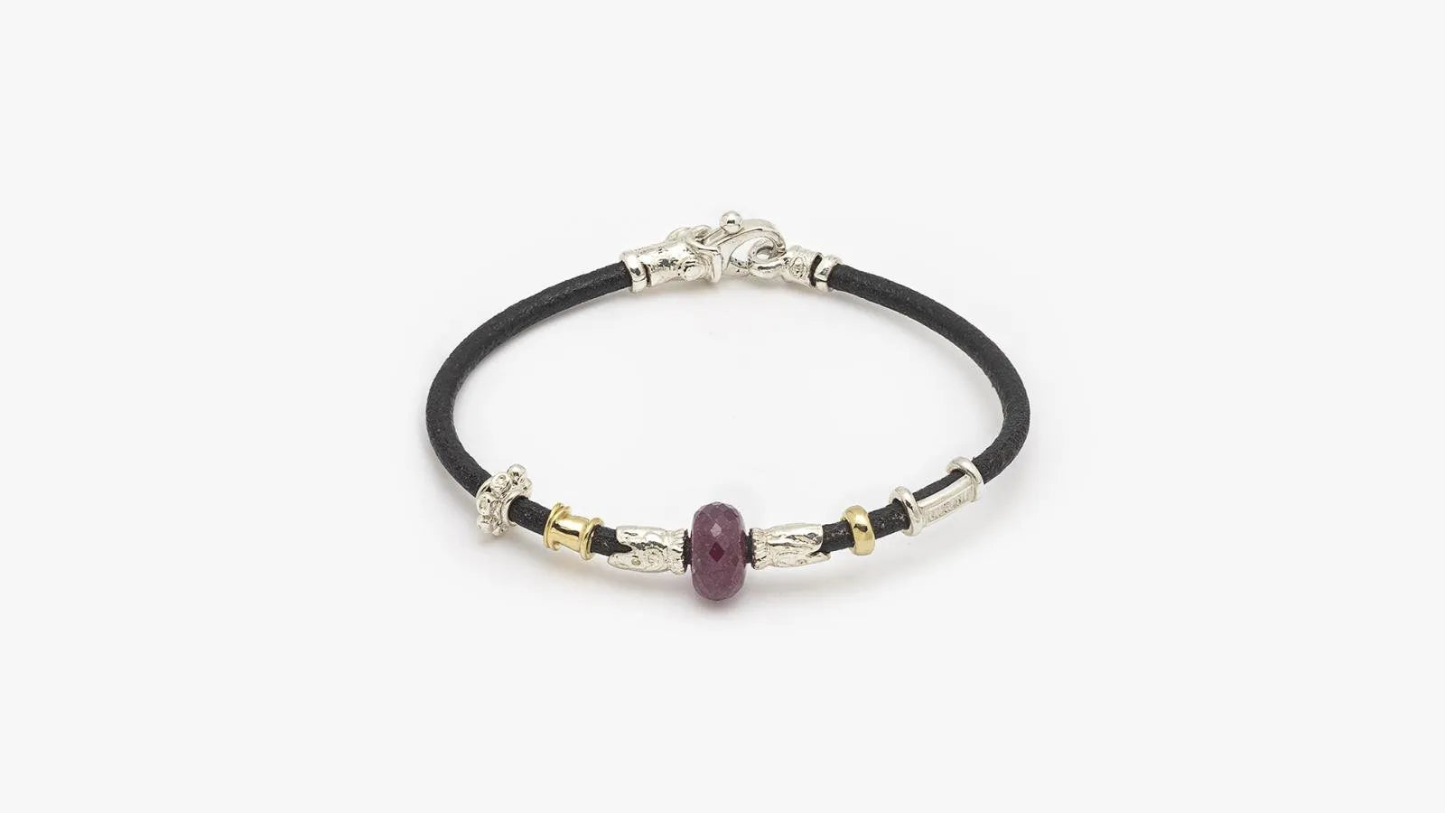 MISANI 3MM LEATHER BRACELET WITH HANDMADE 18K YELLOW GOLD ELEMENTS, SILVER AND RUBY AMAZONITE