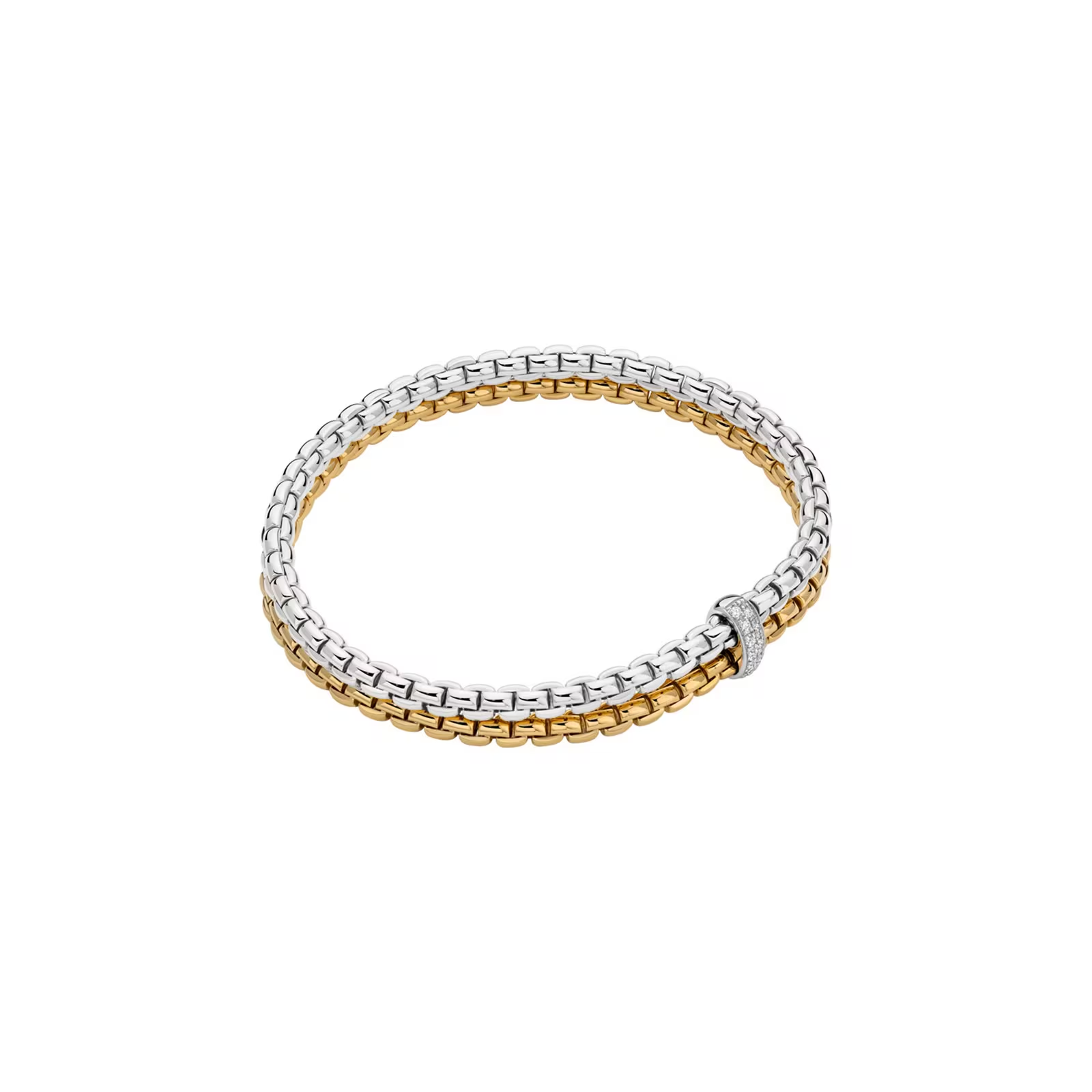 FOPE 18K YELLOW AND WHITE GOLD EKA FLEX'IT DOUBLE ROW BRACELET 0.10CT TW DIAMONDS, SIZE MEDIUM.